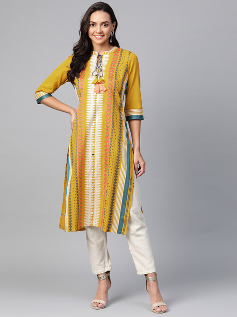 

W Women Mustard Yellow & Off-White Woven Design Straight Kurta