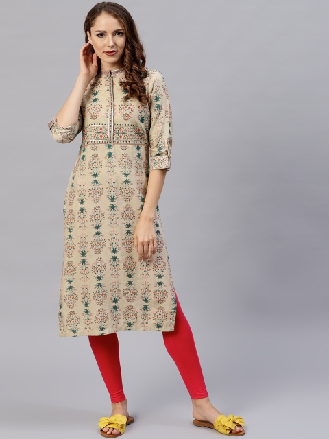 

W Women Beige & Green Printed Straight Kurta