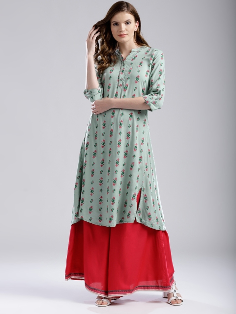 

W Women Green & Pink Printed A-Line Kurta