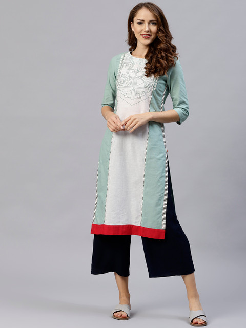 

W Women Green & White Printed Straight Kurta