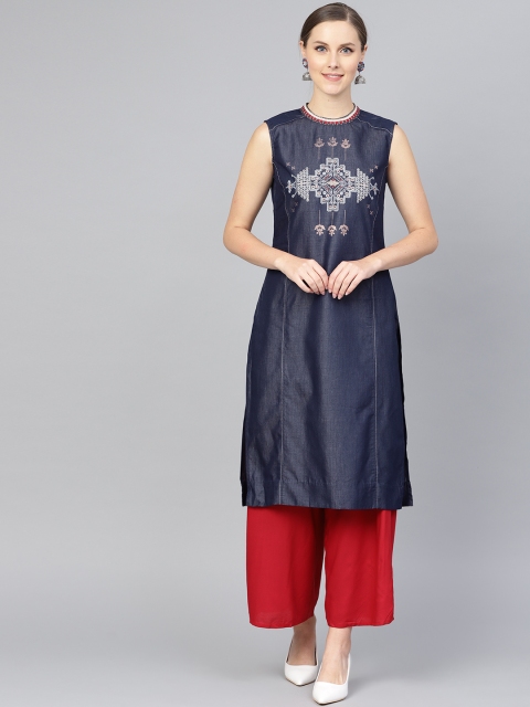 

W Women Navy Blue Chambray Yoke Design Straight Kurta