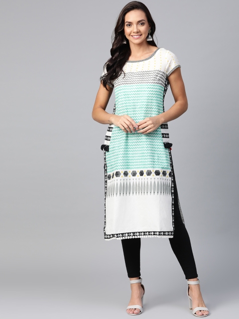 

W Women White & Green Printed Straight Kurta