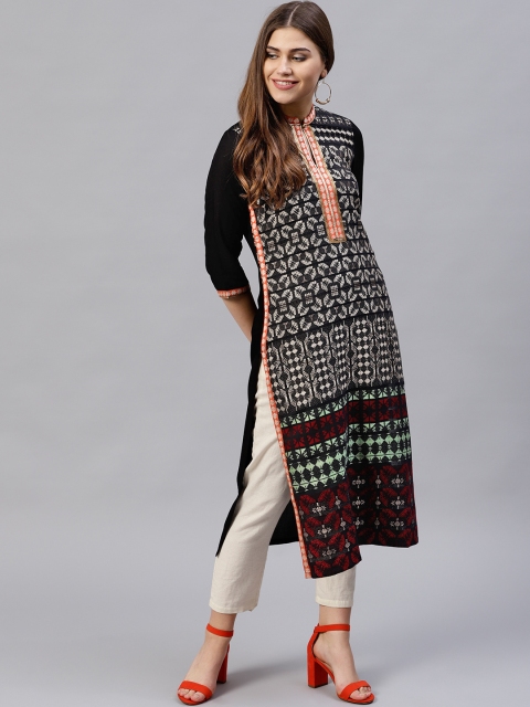 

W Women Black & Beige Woven Design Straight Kurta