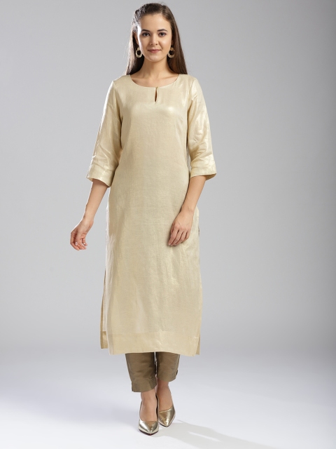 

W Women Beige & Golden Solid Linen Straight Kurta