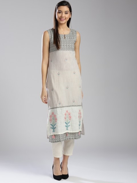 

W Women Grey & White Embroidered Straight Kurta