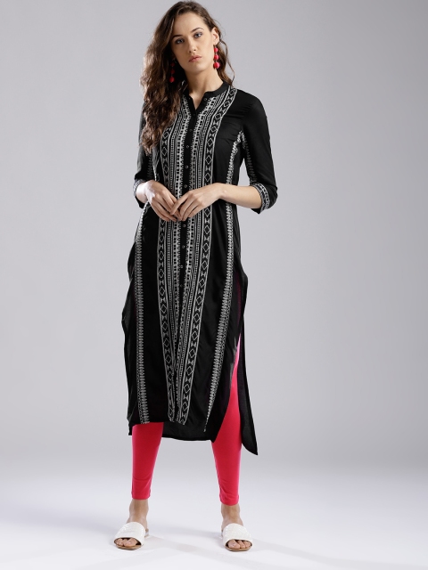 

W Women Black & White Embroidered Straight Kurta