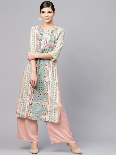 

W Women Beige & Blue Printed Straight Kurta