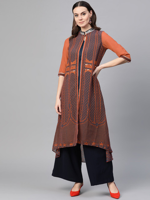 

Wishful by W Women Rust Orange & Navy Blue Printed Layered A-Line Kurta