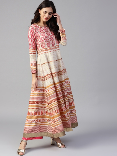 

W Women Off-White & Pink Printed Anarkali Kurta