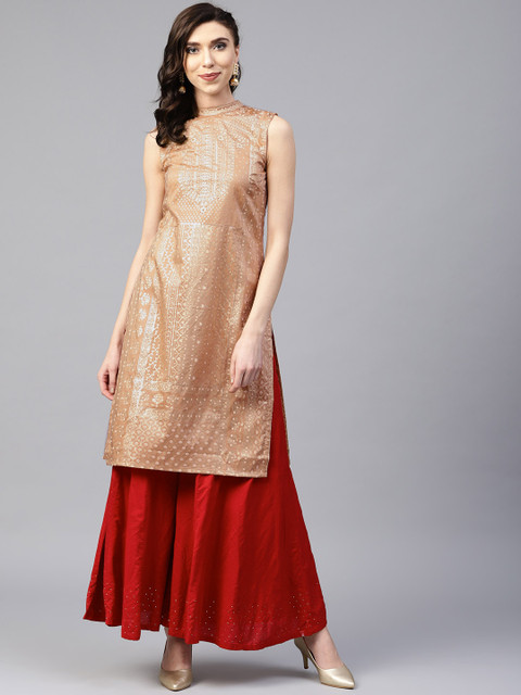 

W Women Beige & Golden Printed Straight Kurta