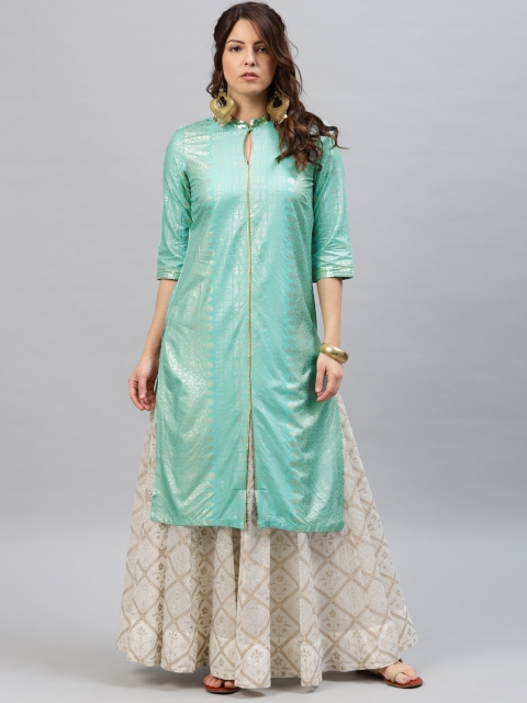 

W Women Turquoise Blue & Golden Printed Straight Kurta