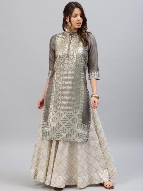 

W Women Taupe & Golden Printed Straight Kurta