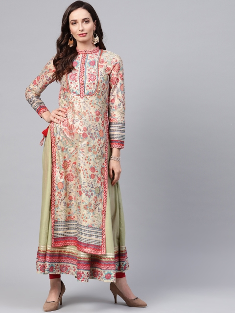

W Women Green & Red Printed A-Line Layered Kurta