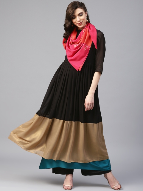 

W Women Black & Gold-Toned Colourblocked Anarkali Kurta
