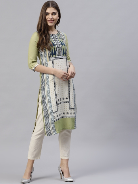 

W Women Green & Navy Blue Printed Straight Kurta