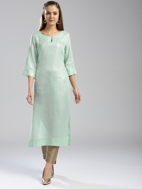 

W Women Blue Solid Linen Straight Kurta