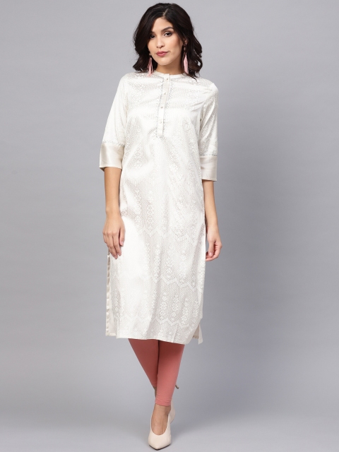 

W Women Off-White & Silver Printed Straight Kurta