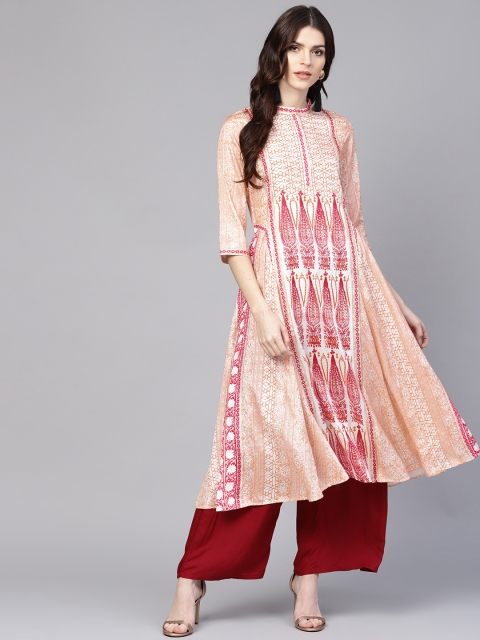 

W Women White & Pink Printed A-Line Kurta