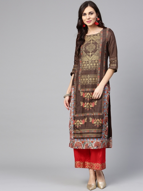 

W Women Brown & Golden Printed Straight Kurta