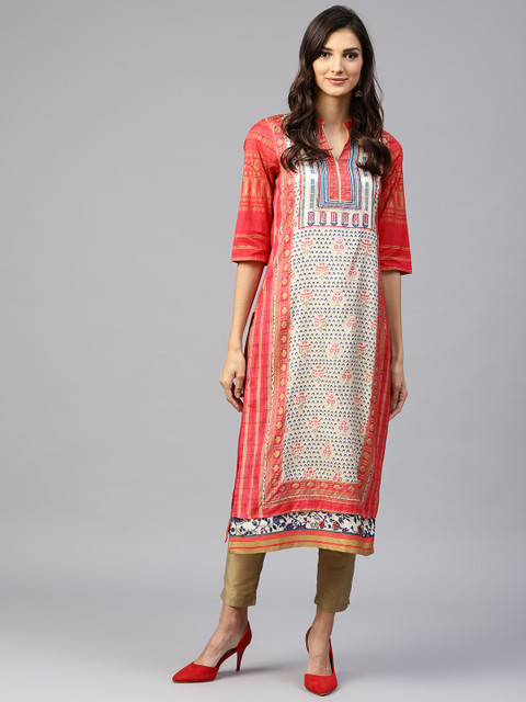 

W Women Red & Beige Printed Straight Kurta