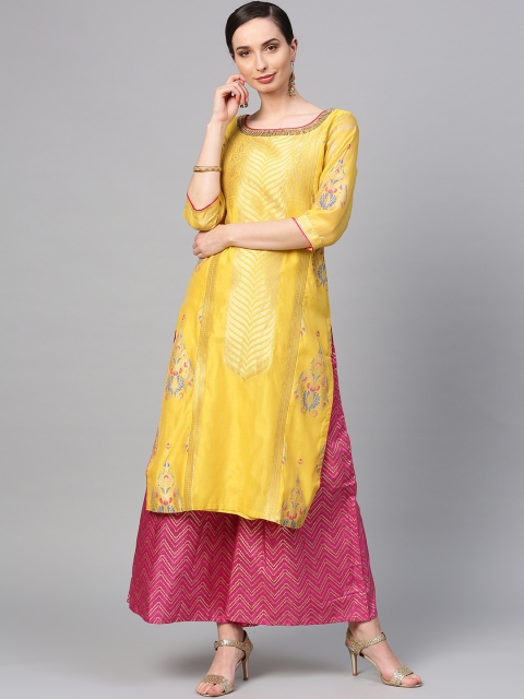 

Wishful by W Women Mustard Yellow Woven Design Straight Kurta