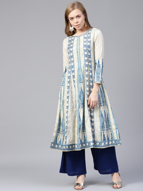 

W Women Beige & Blue Printed A-Line Kurta