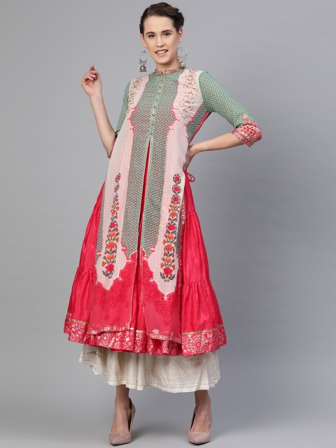 

Wishful by W Women Pink & Green Printed Tiered Layered A-Line Kurta