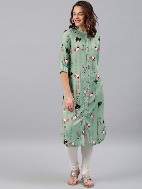 

W Women Sea Green Printed Straight Kurta