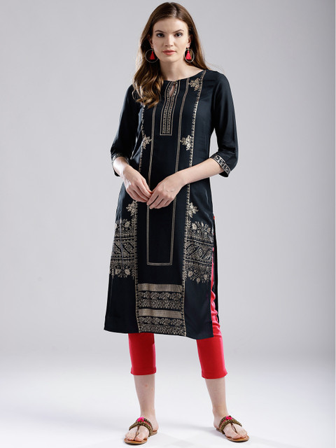 

W Women Navy Blue & Golden Printed Straight Sustainable Kurta