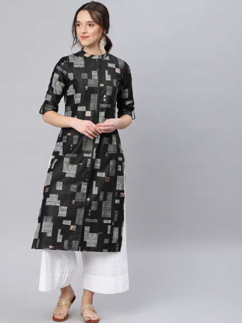

W Black & Grey Printed A-Line Kurta