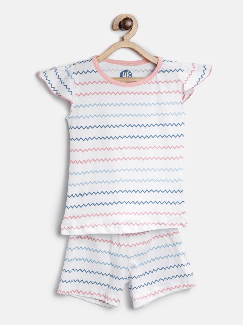 

YK Girls White & Blue Chevron Print Night Suit 118YKKSLD890311