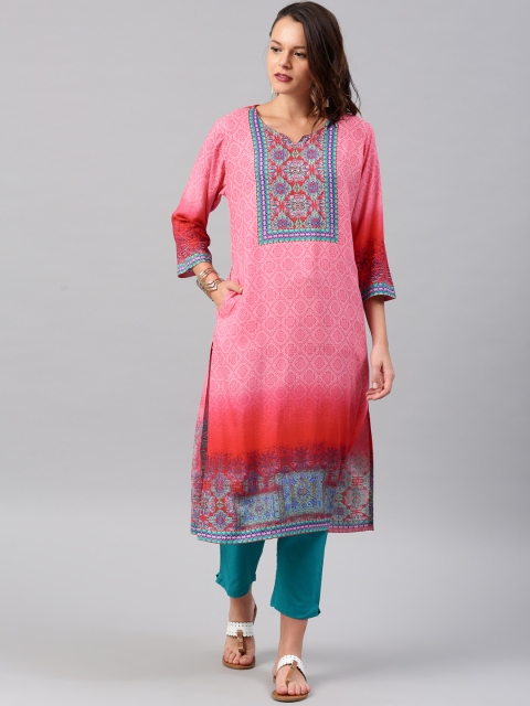 

Shree Women Pink & Green Printed Straight Kurta