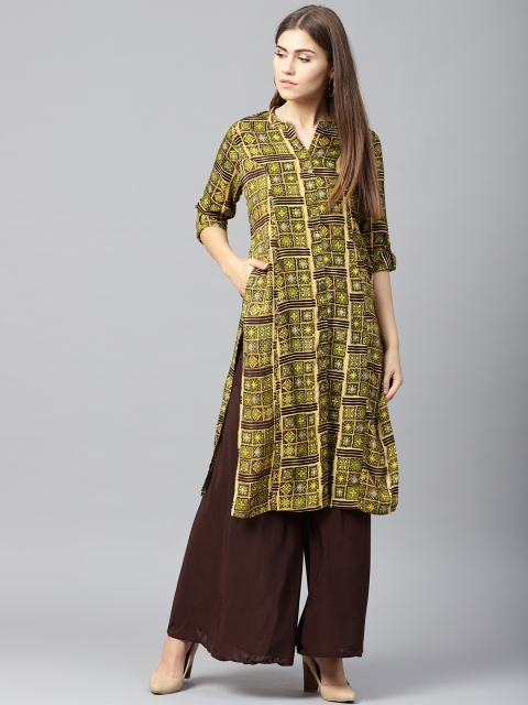 

Shree Women Olive Green & Brown Printed Straight Kurta