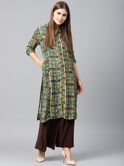 

Shree Women Beige & Teal Blue Printed Straight Kurta