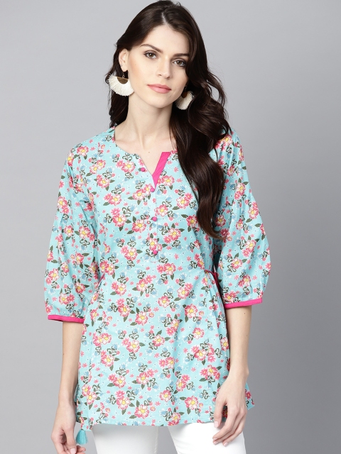 

Shree Turquoise Blue & Pink Floral Print Tunic