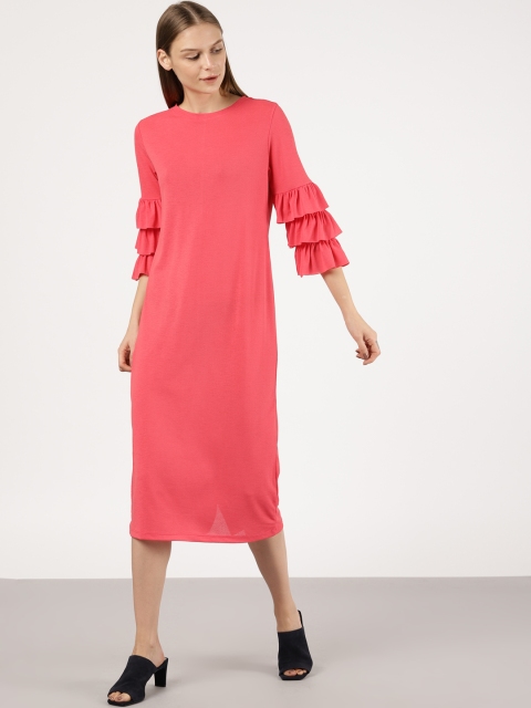 

ether Women Coral Pink Midi A-Line Dress