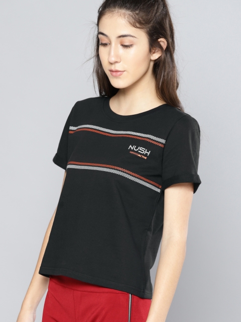 

NUSH Women Black Striped Round Neck T-shirt