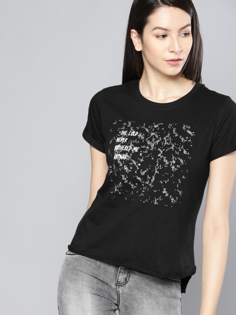 

NUSH Women Black Printed Round Neck T-shirt