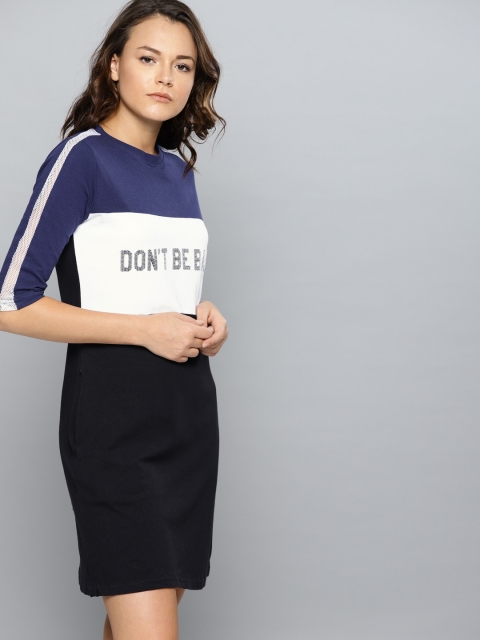 

NUSH Women Black & Navy Colourblocked T-shirt Dress