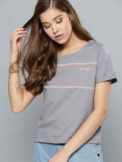 

NUSH Women Grey Striped Round Neck T-shirt