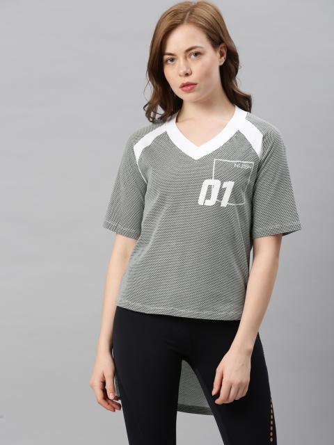 

NUSH Women Black Geometric Printed High-Low Pure Cotton Top