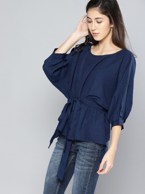 

NUSH Women Navy Blue Solid Cinched Waist Top