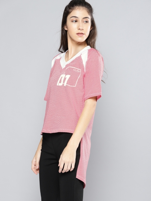 

NUSH Women Red Printed V-Neck High-Low T-shirt