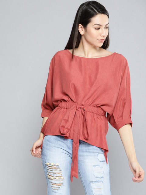 

NUSH Women Rust Red Solid Cinched Waist Top