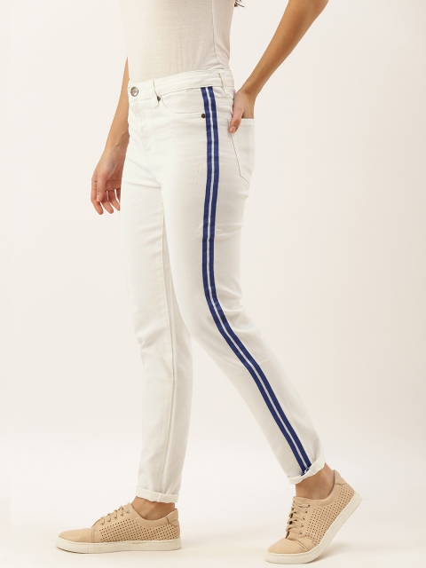 

NUSH Women White Regular Fit Mid-Rise Clean Look Side Striped Jeans