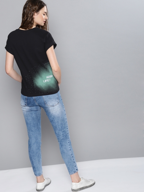 

NUSH Women Black Printed Round Neck T-shirt