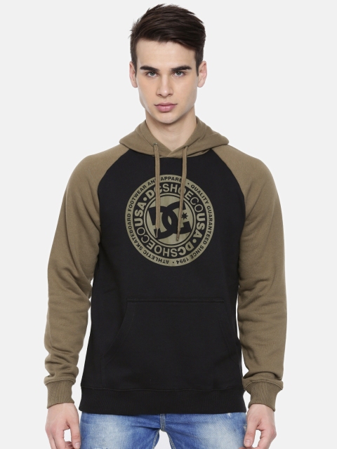 

DC Men Black & Olive Green Printed Hooded Sweatshirt