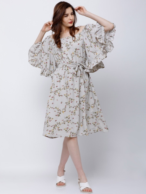 

Tokyo Talkies Women Cream-Coloured & Grey Printed Fit and Flare Dress