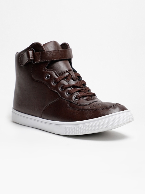 

LOCOMOTIVE Men Brown Solid Synthetic Patent Mid-Top Sneakers