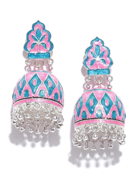 

Infuzze Silver-Toned & Pink Textured Meenakari Dome Shaped Jhumkas